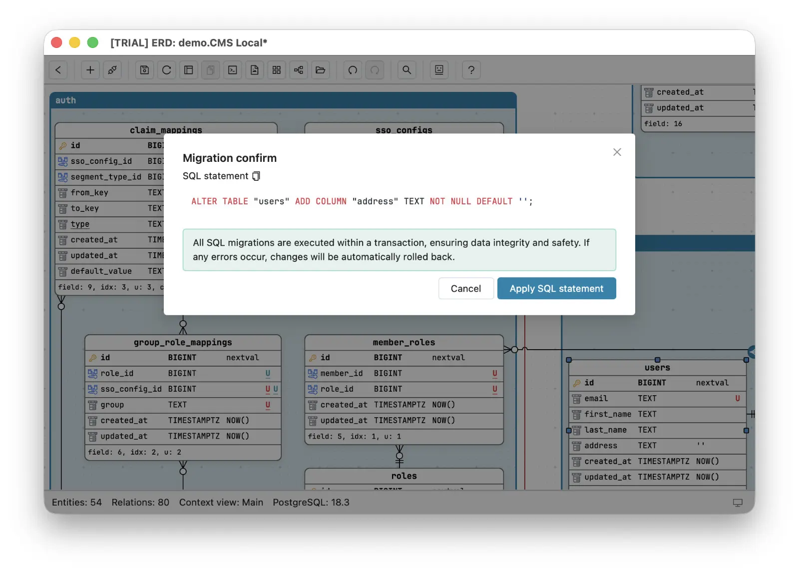 Schemity's Migration confirm dialog after adding an address field on the canvas: the generated statement ALTER TABLE users ADD COLUMN address TEXT NOT NULL DEFAULT, a note that migrations run inside a transaction and roll back on error, and a Cancel button beside Apply SQL statement