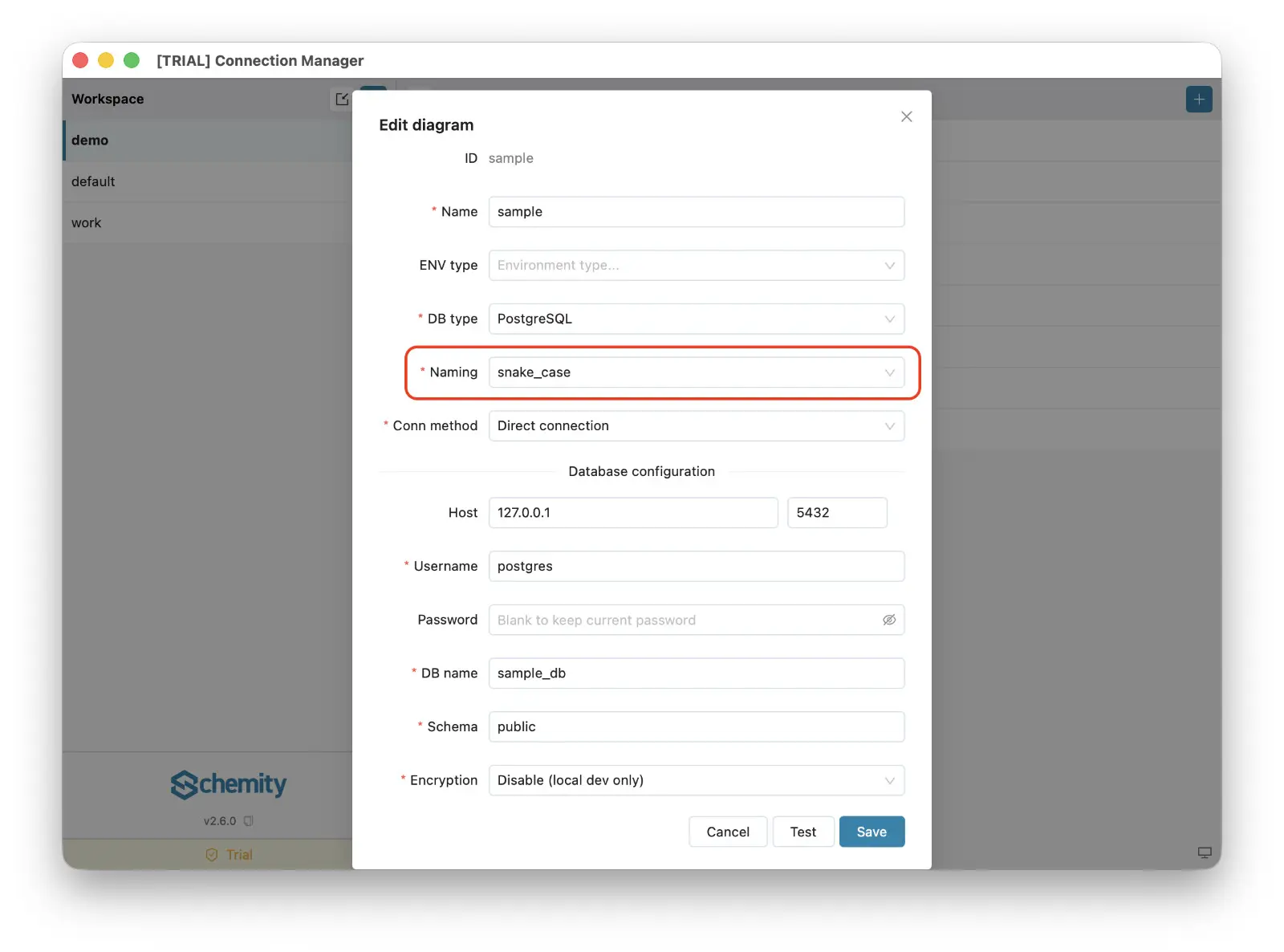 Schemity connection settings with the naming convention set to snake_case