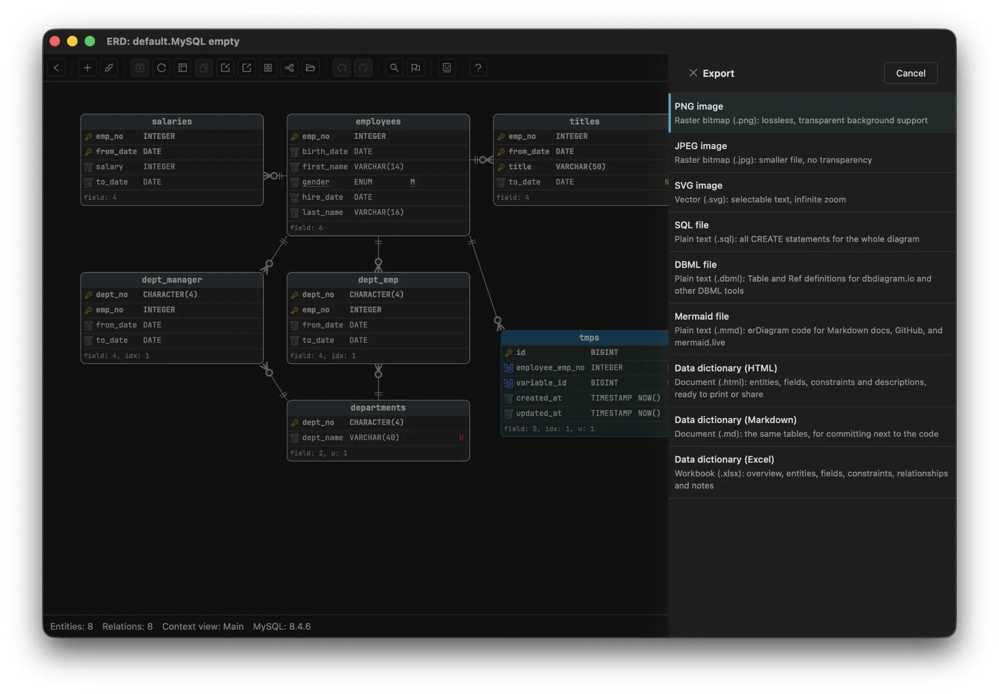 Schemity's Export panel listing nine formats: PNG, JPEG and SVG images, SQL, DBML and Mermaid files, then Data dictionary as HTML, Markdown and Excel