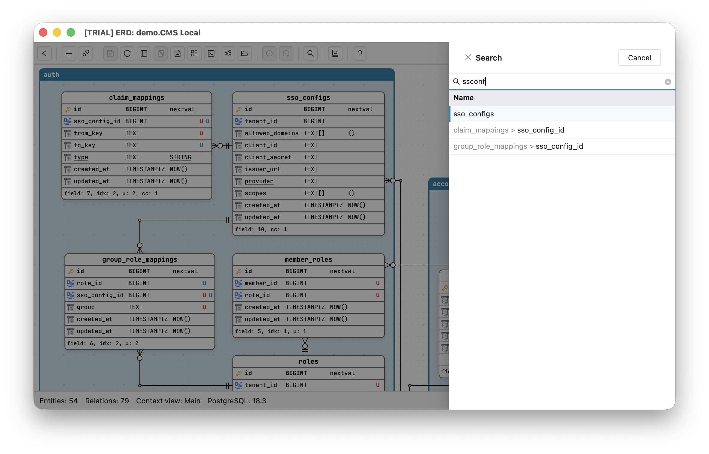Schemity's fuzzy search matching "ssconf" to the sso_configs entity and the sso_config_id fields in claim_mappings and group_role_mappings