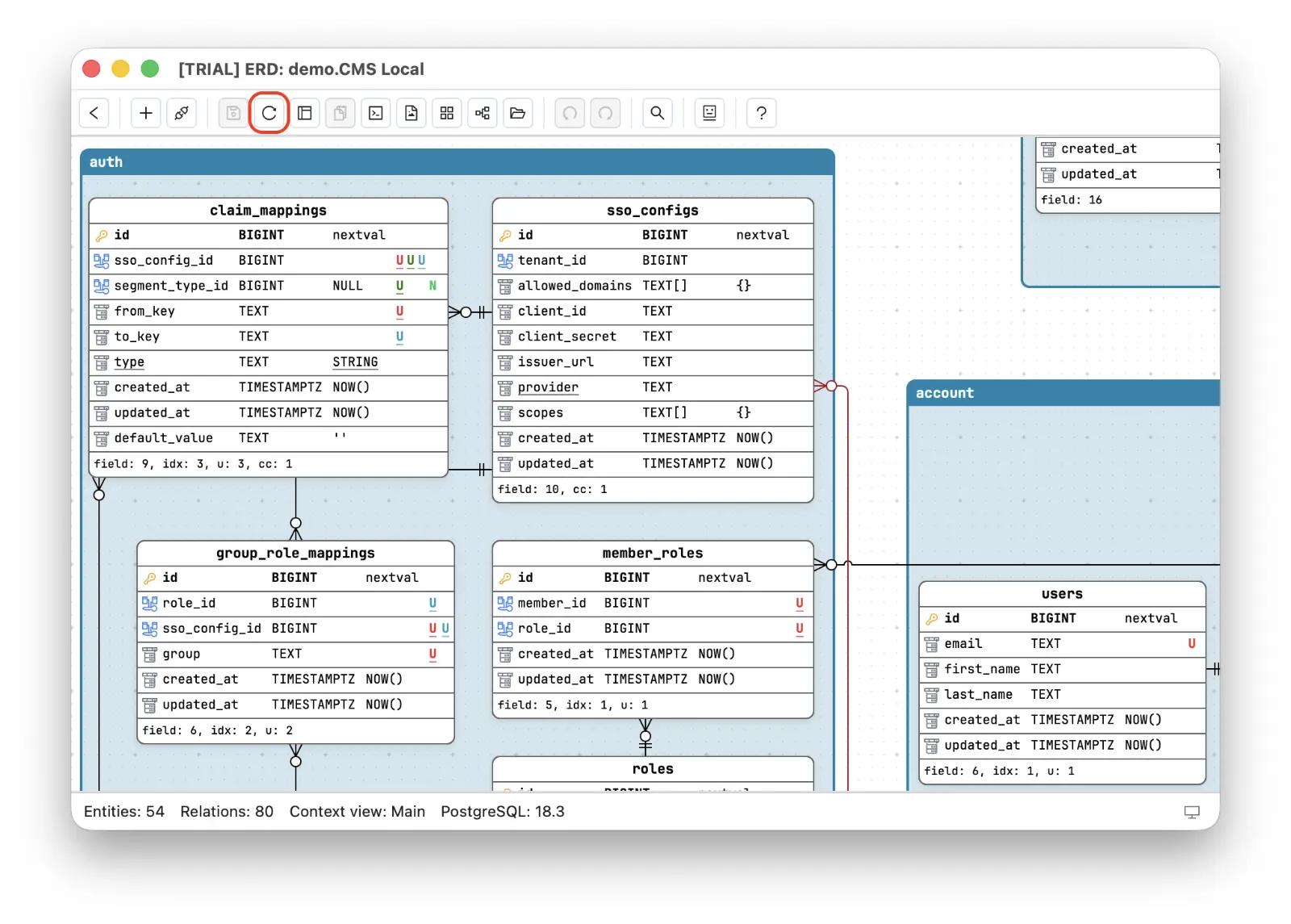 The Reset ERD button in Schemity's toolbar on a live-connected diagram of 54 entities and 80 relations - one click re-reads the connected PostgreSQL schema while the auth and account domain groupings stay exactly as arranged