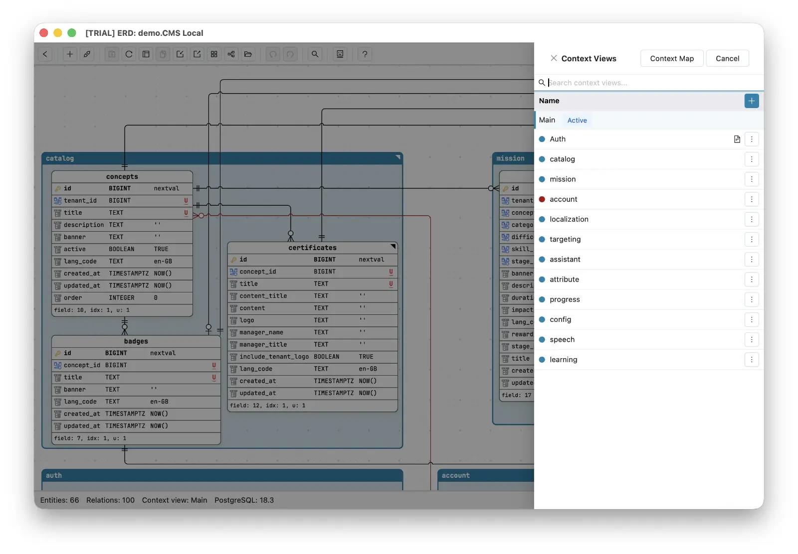 Schemity's Context Views panel listing the CMS schema split into named subject areas - Auth, catalog, mission, account, localization, targeting, assistant, attribute, progress, config, speech, learning - beside the Main view, with a Context Map button in the header