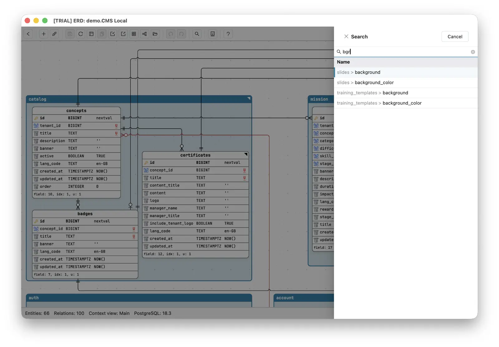 Schemity's fuzzy search panel over the CMS schema: typing the fragment bgr instantly surfaces slides > background, slides > background_color, training_templates > background and training_templates > background_color