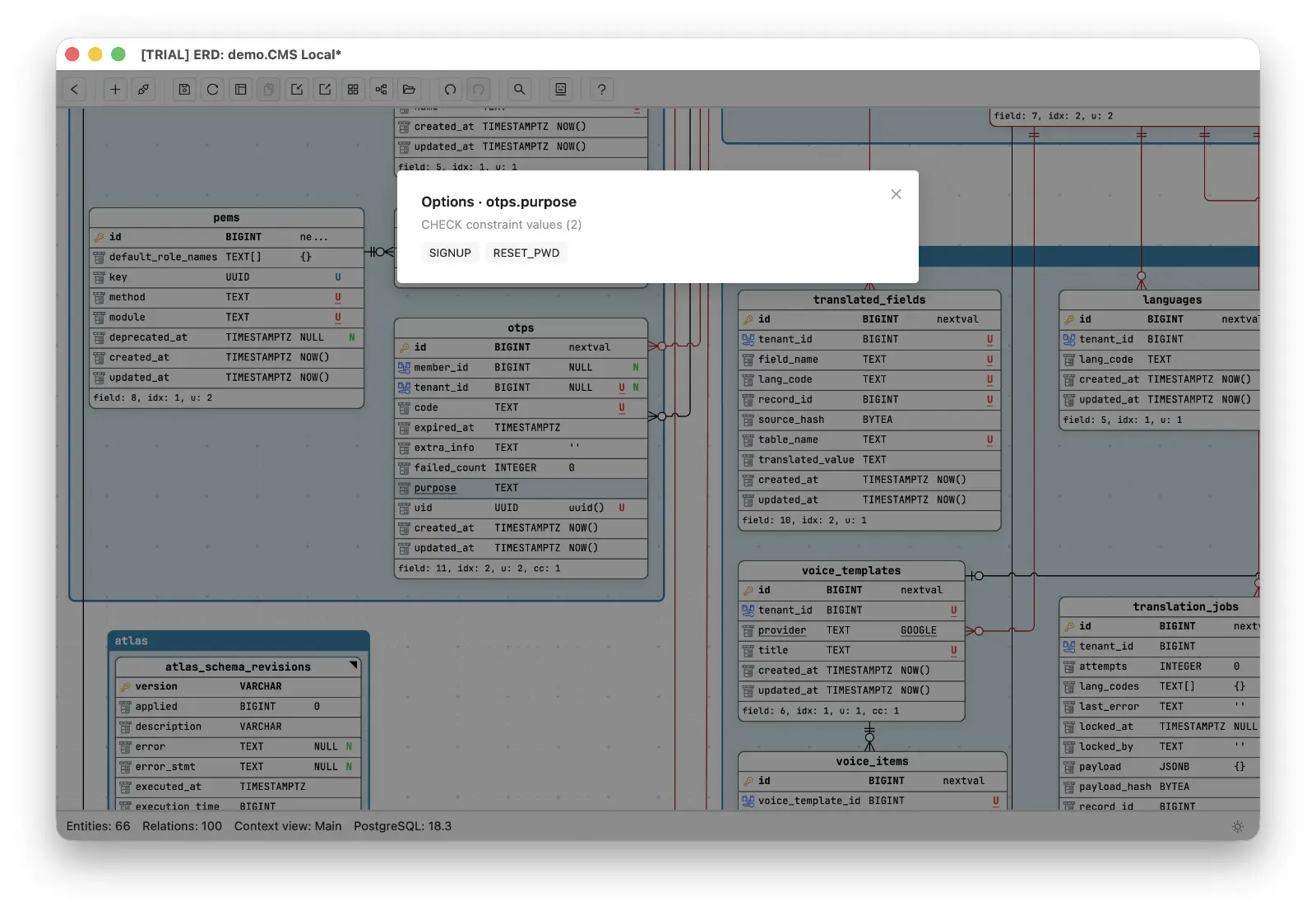 Options popup for otps.purpose showing the two CHECK constraint values, SIGNUP and RESET_PWD, opened directly from the field with Ctrl+O