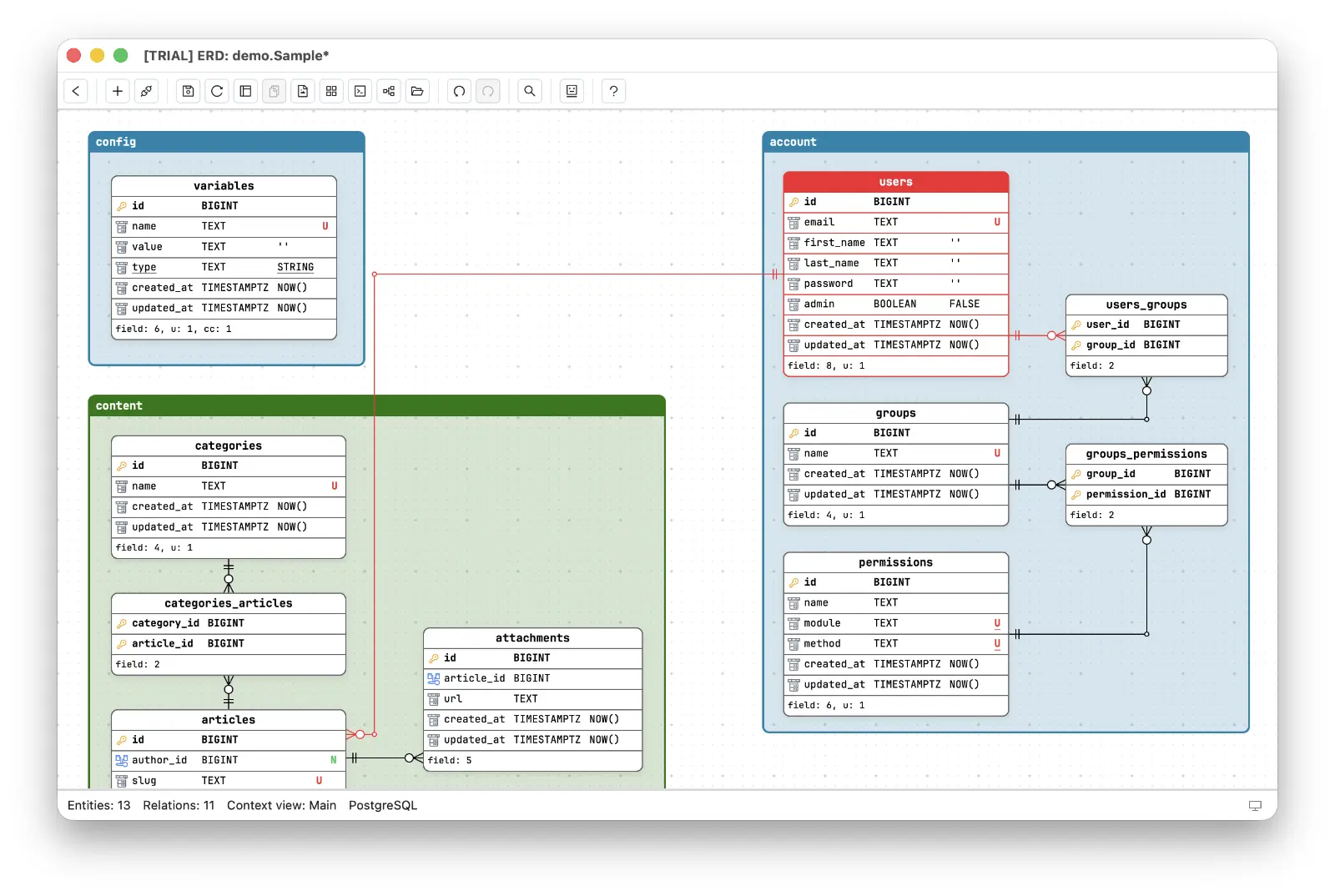 Schemity running as a native desktop app: an ERD with color-coded domain groups, crow's foot relationships, and full field details