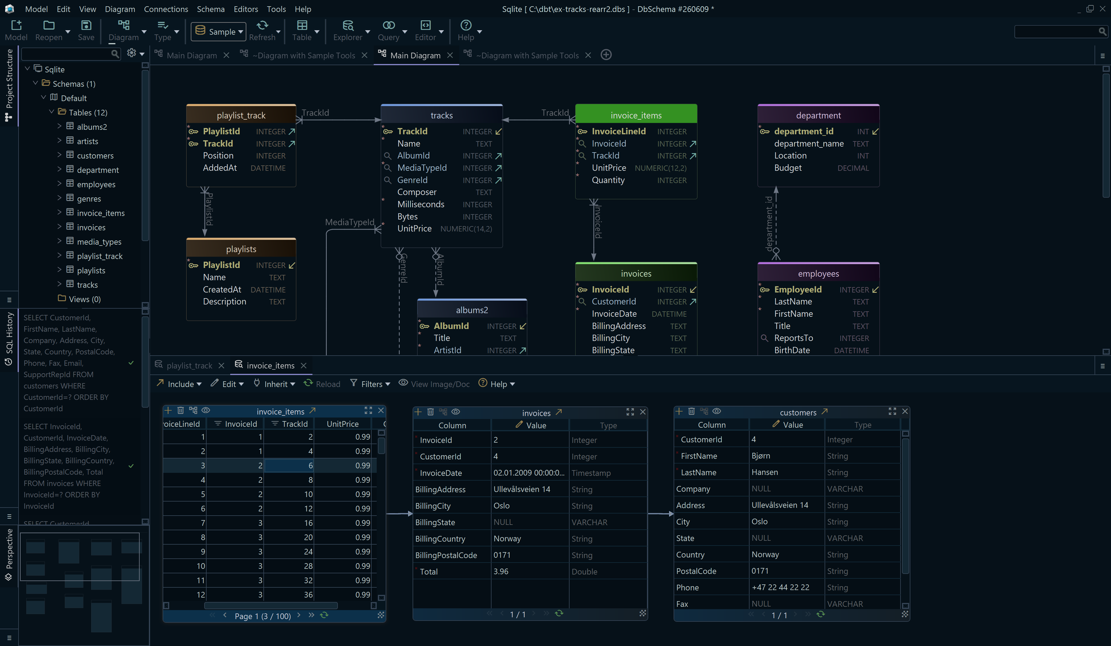 DbSchema running as a JavaFX database IDE: the diagram shares the window with a project structure tree, SQL history, and data browsing grids across multiple panels and tabs