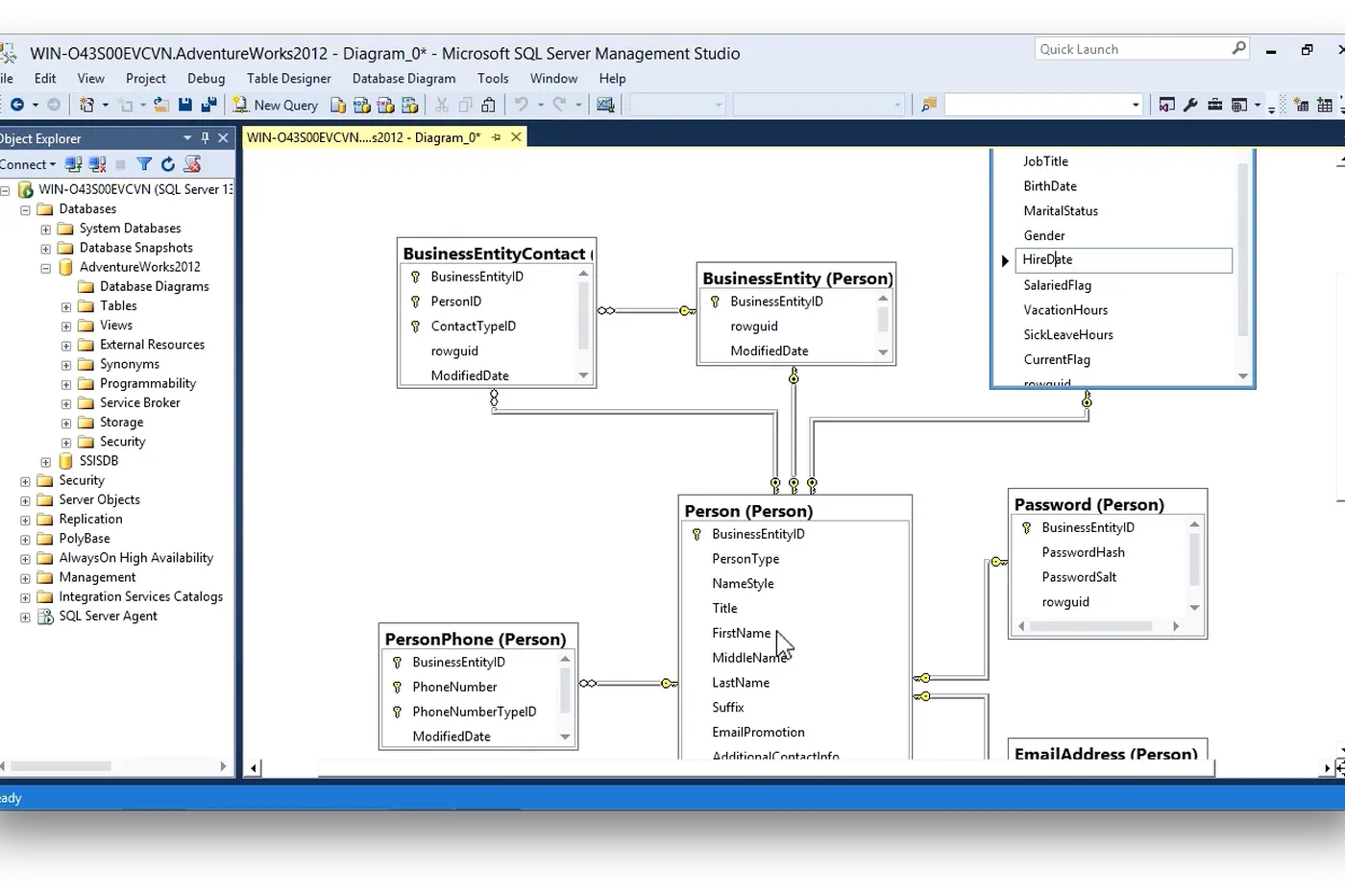 The SSMS database diagram designer open on AdventureWorks2012: an unsaved Diagram_0 tab, the Database Diagrams node in Object Explorer, and table boxes with key icons - on save, all of this becomes one binary row in sysdiagrams, not a file