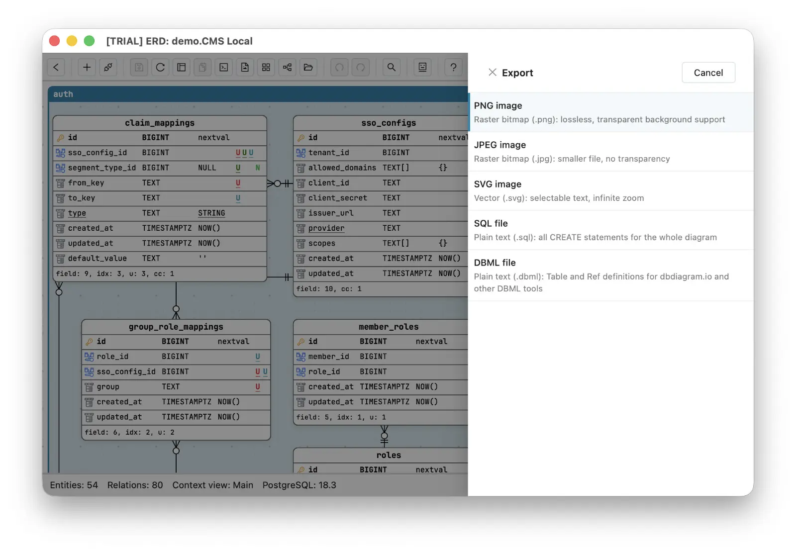 Schemity's Export panel next to an ERD: PNG, JPEG, and SVG images, a SQL file with all CREATE statements, and a DBML file for dbdiagram.io and other DBML tools