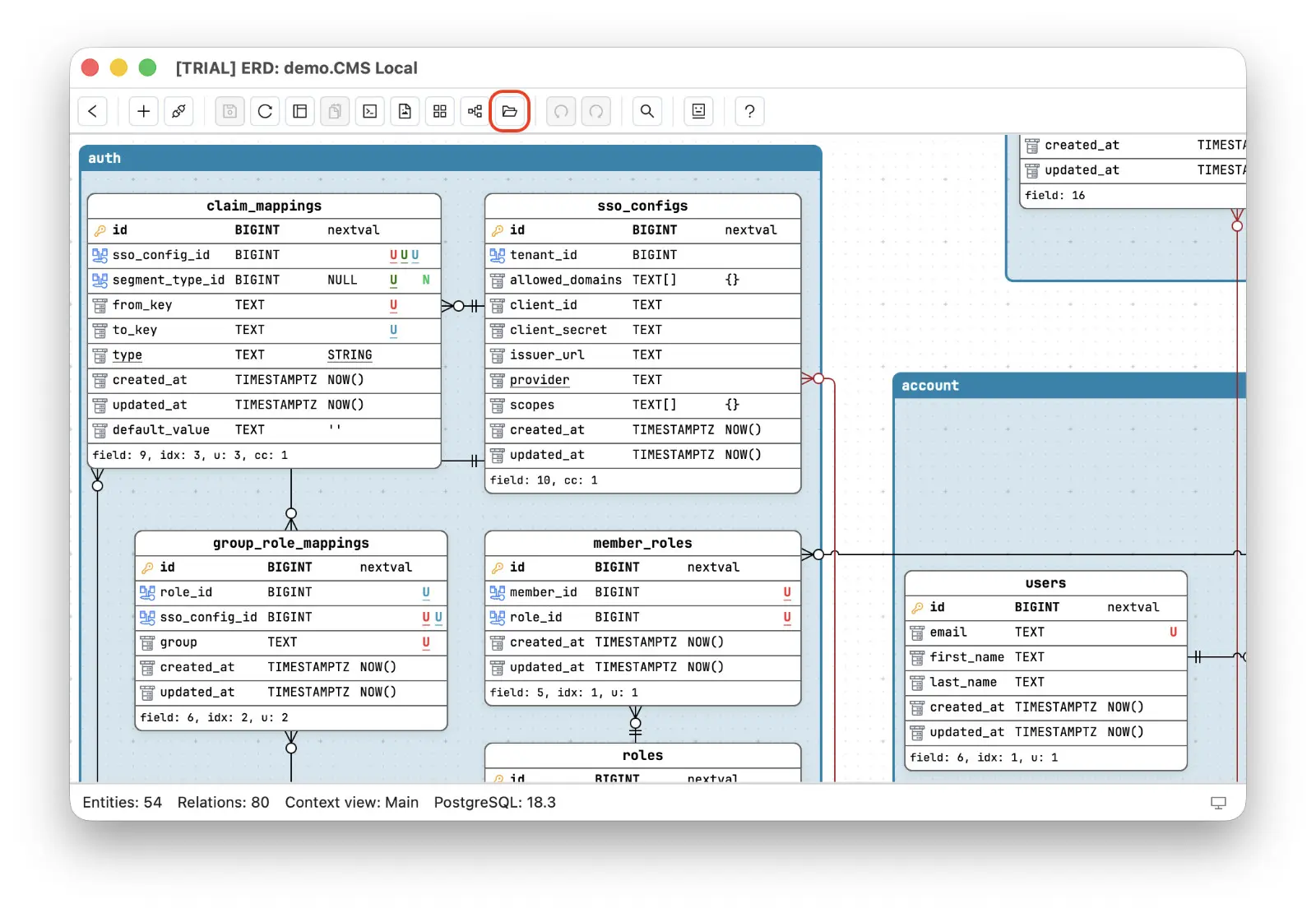 The Open workspace folder button in the diagram page toolbar - one click or Ctrl/Cmd + Shift + O reveals the workspace's JSON files in the native file manager