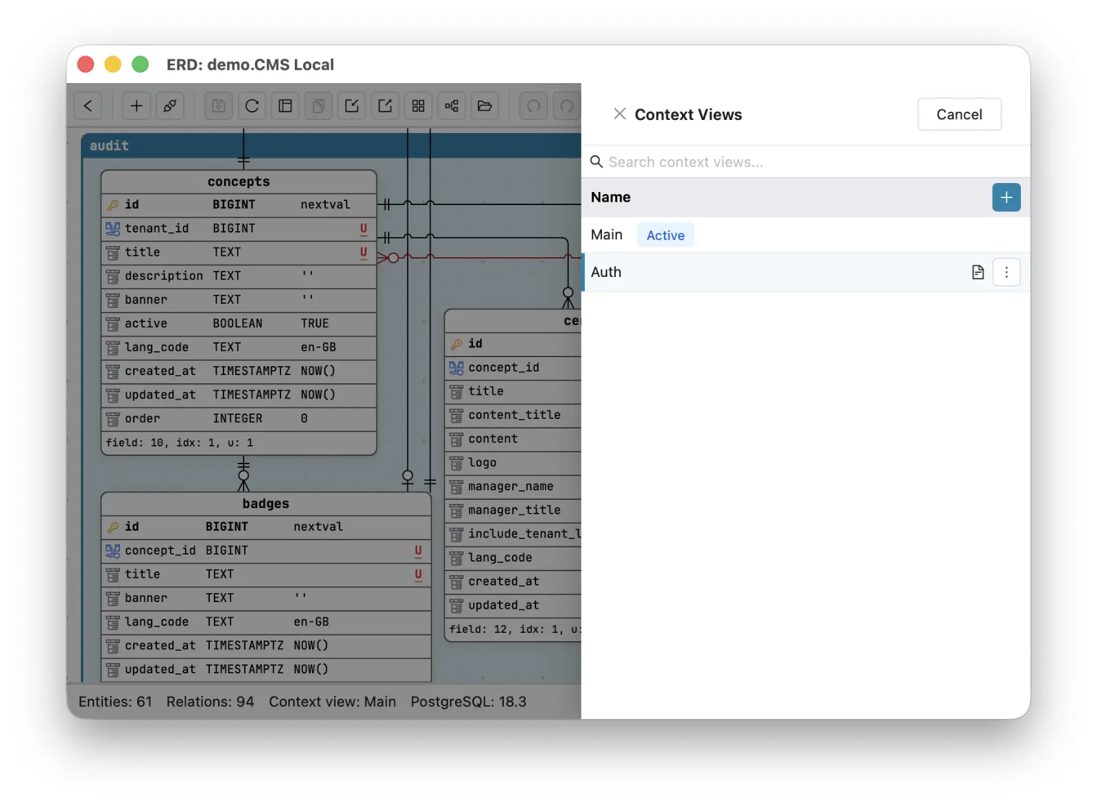 Schemity Context Views list with a file icon button on the Auth view row, opening its markdown description