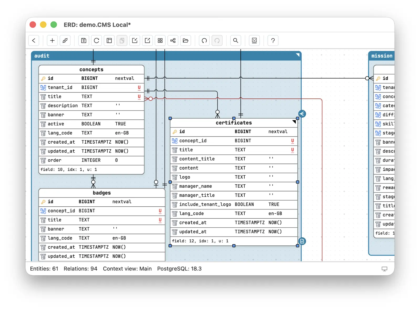 File icon at the bottom right of an entity in Schemity, indicating the certificates table has a description