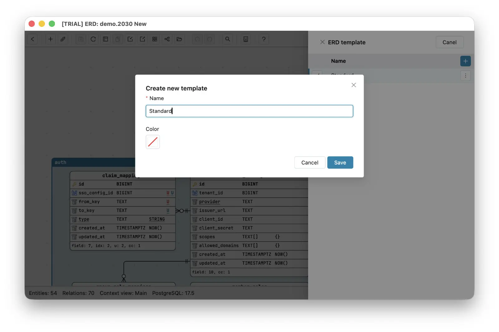 Creating an entity template in Schemity: the Create new template modal asks only for a name and a color