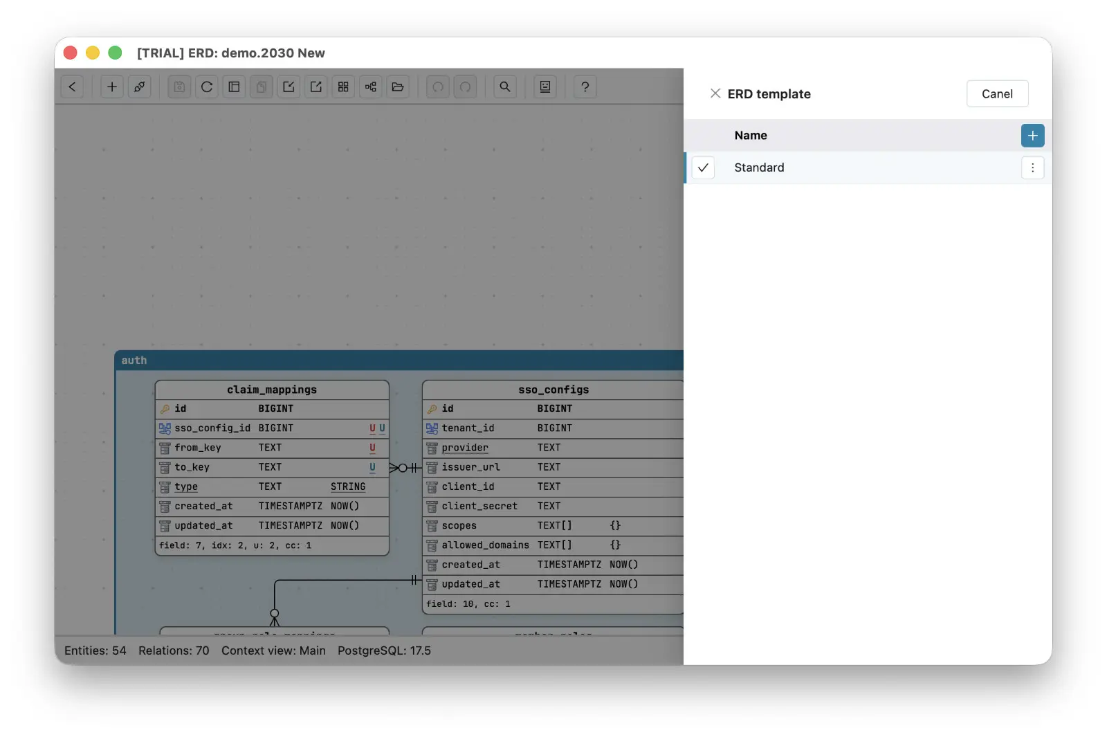 The ERD template panel in Schemity listing the Standard template with a checkmark marking it active - every new entity starts from it