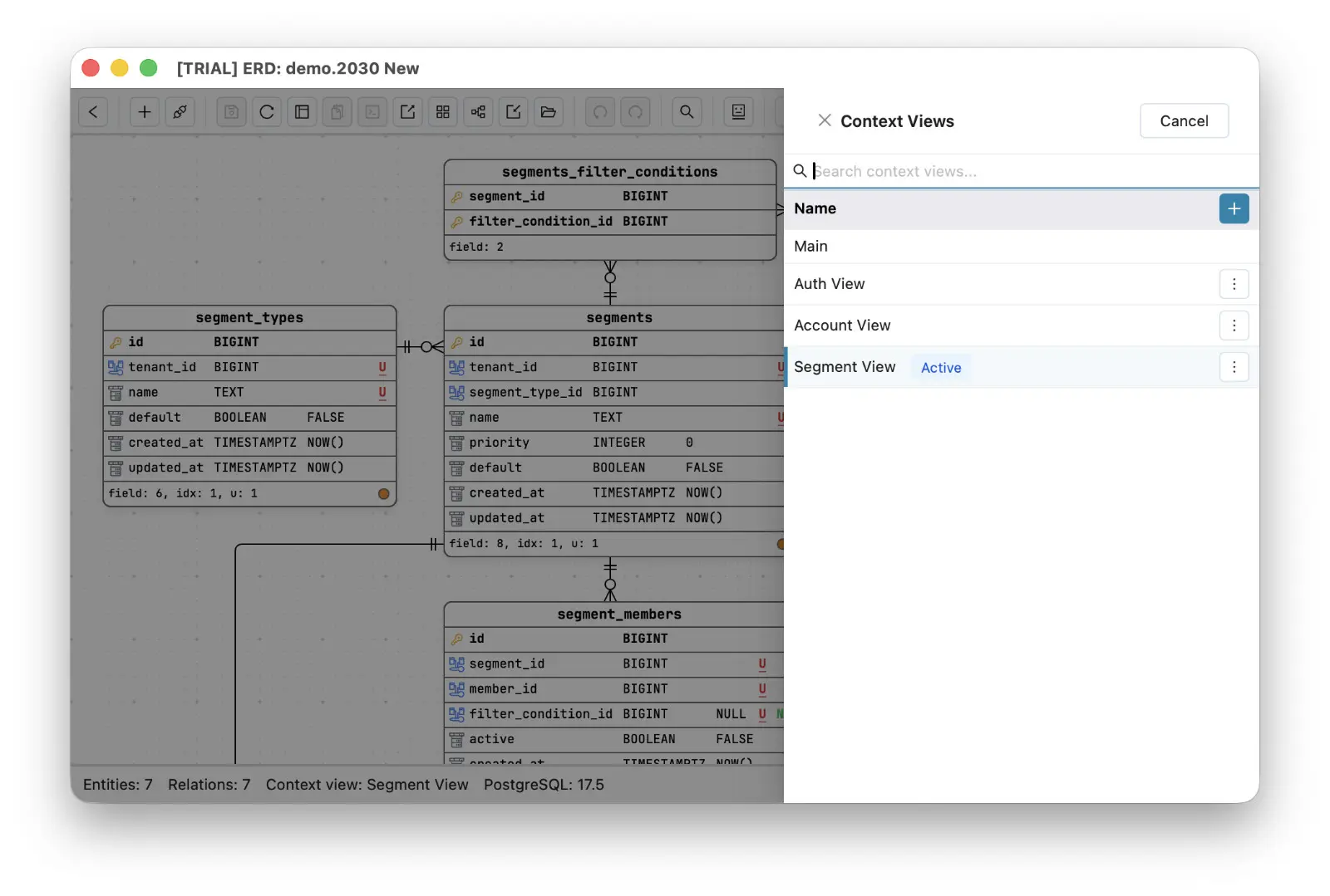 Schemity's Context Views panel with one view per subject area - Auth, Account, Segment - and the active Segment View showing only the segment tables, with an orange dot marking an entity that has relationships outside the view