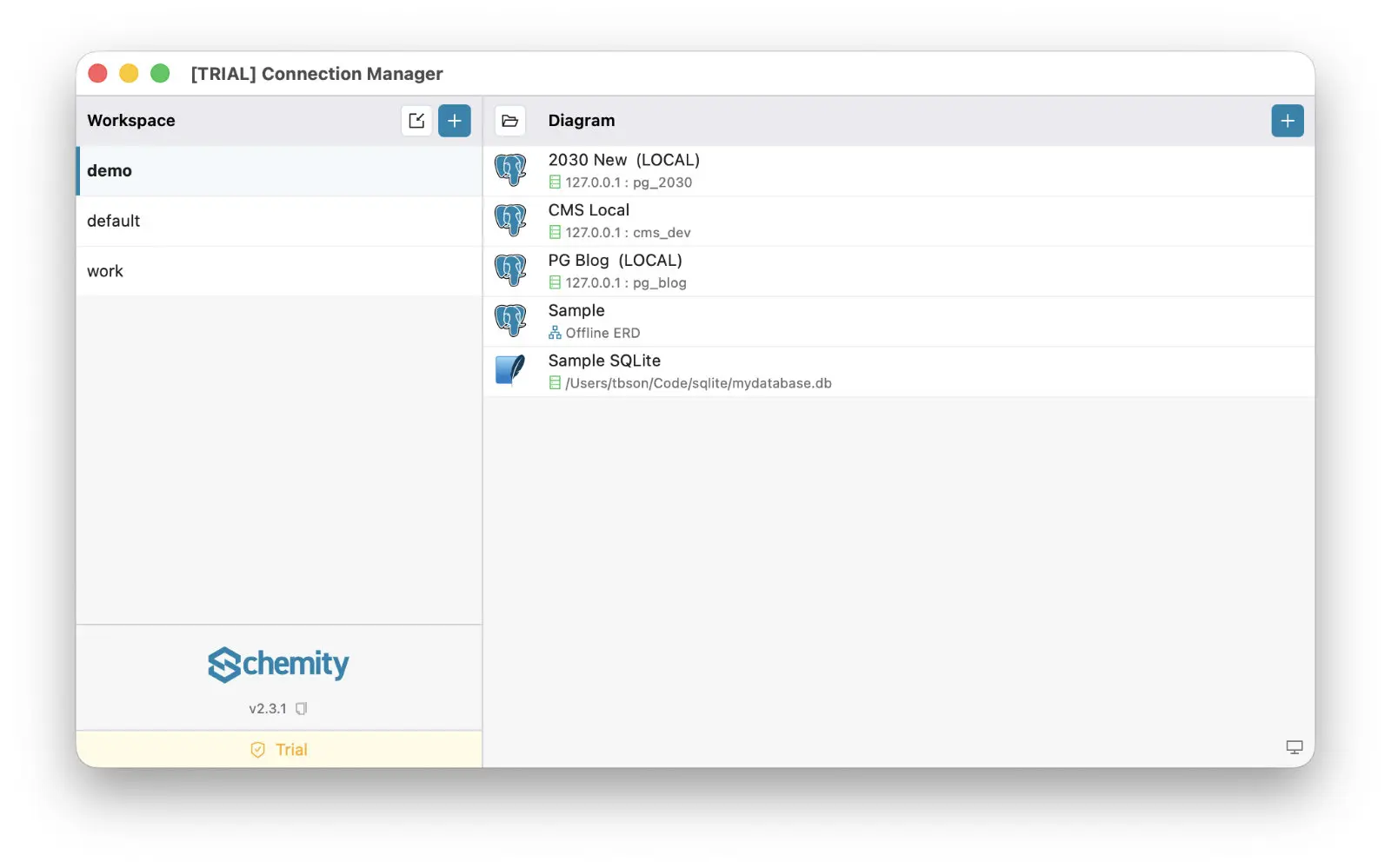 Schemity's Connection Manager with a workspace list on the left and the selected workspace's own connections and diagrams on the right