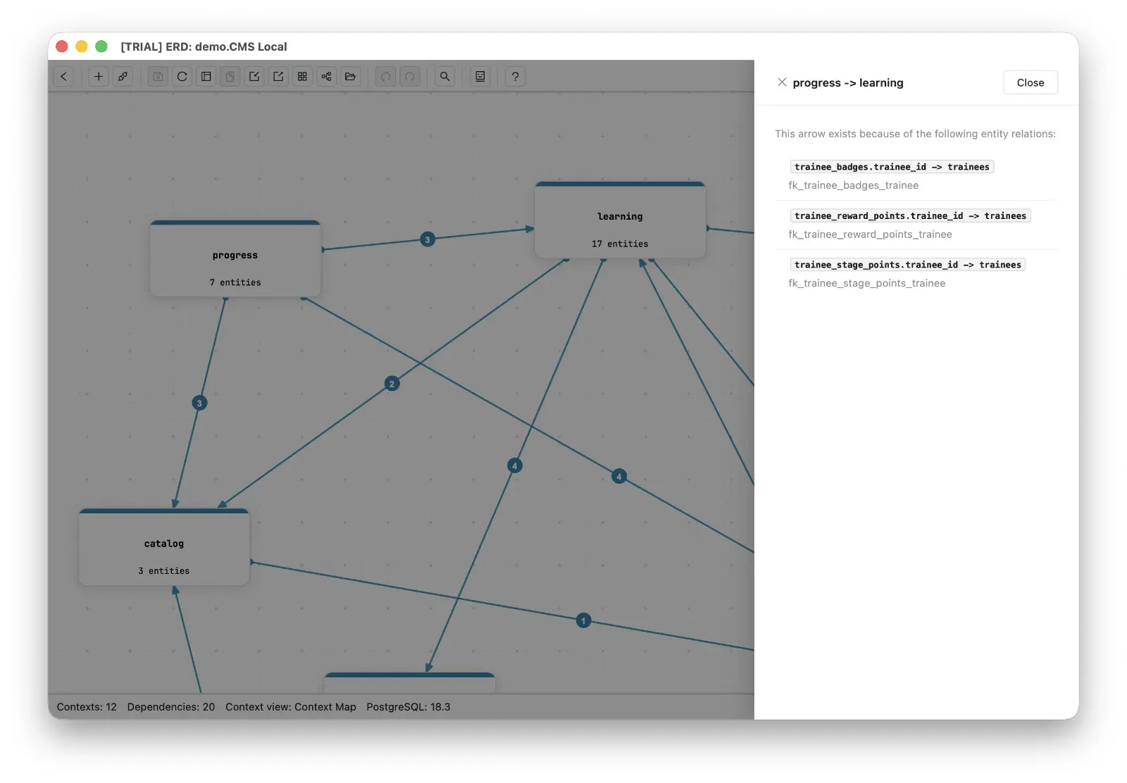 The dependency detail panel for the progress to learning arrow, listing three entity relations with their source fields, target entity, and constraint names