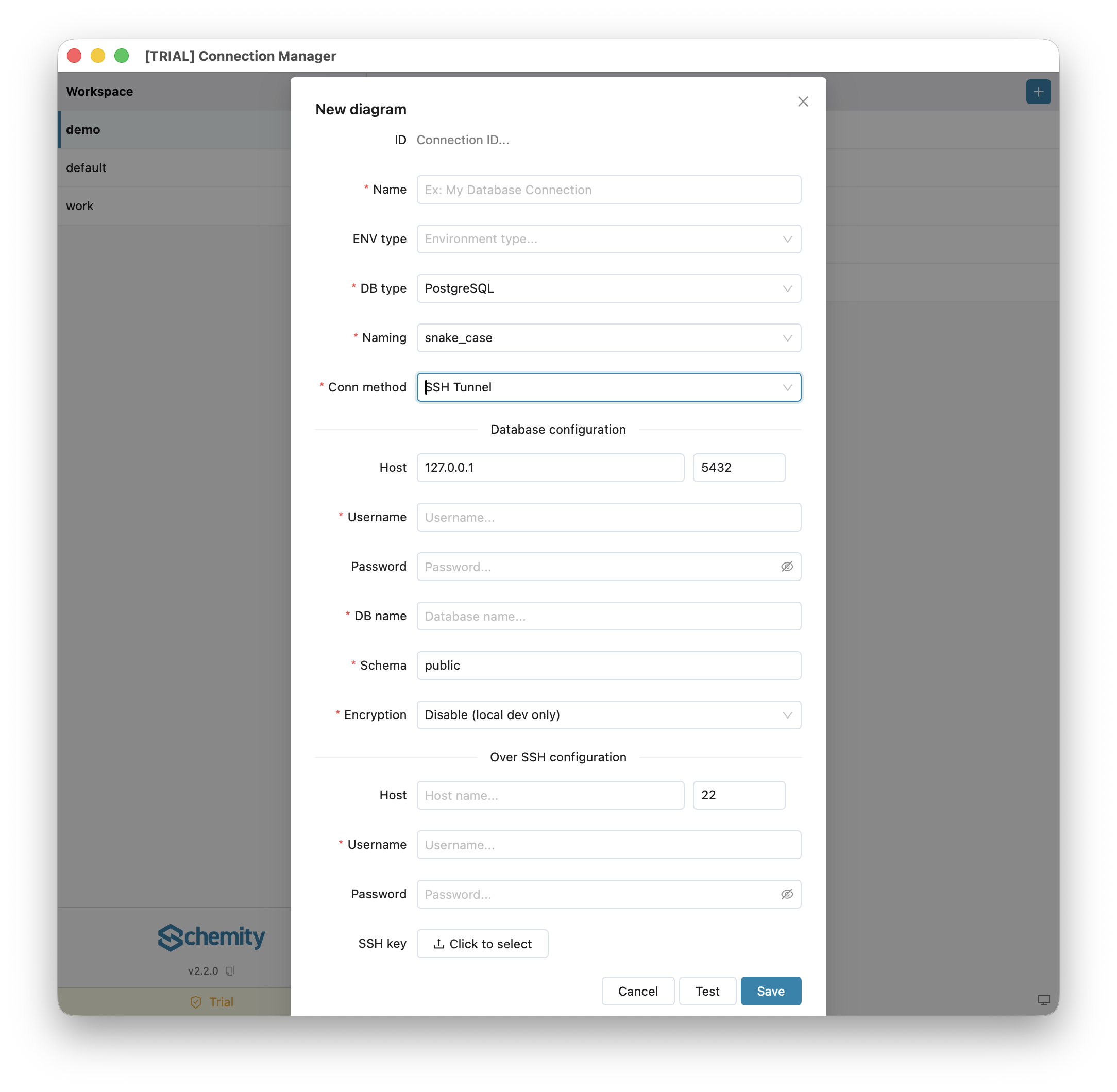 Connection form with Conn method set to SSH Tunnel, adding the jump/bastion server fields
