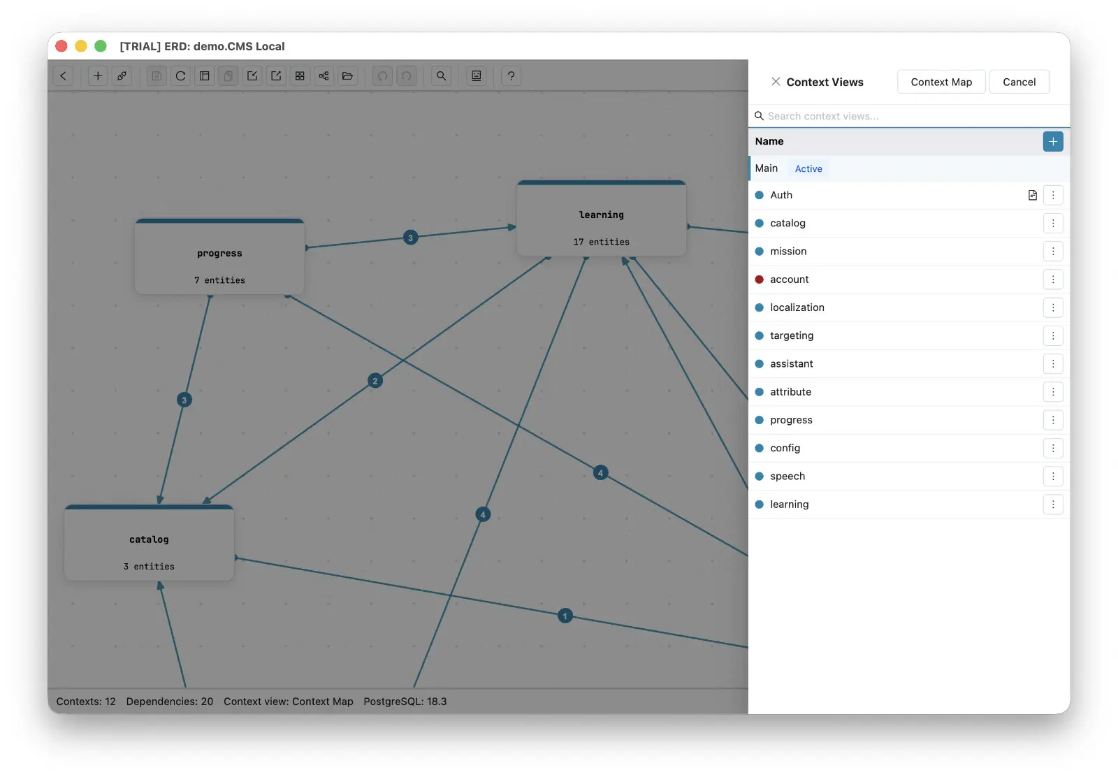 The Context Views panel listing twelve contexts, with the Context Map button in the panel header