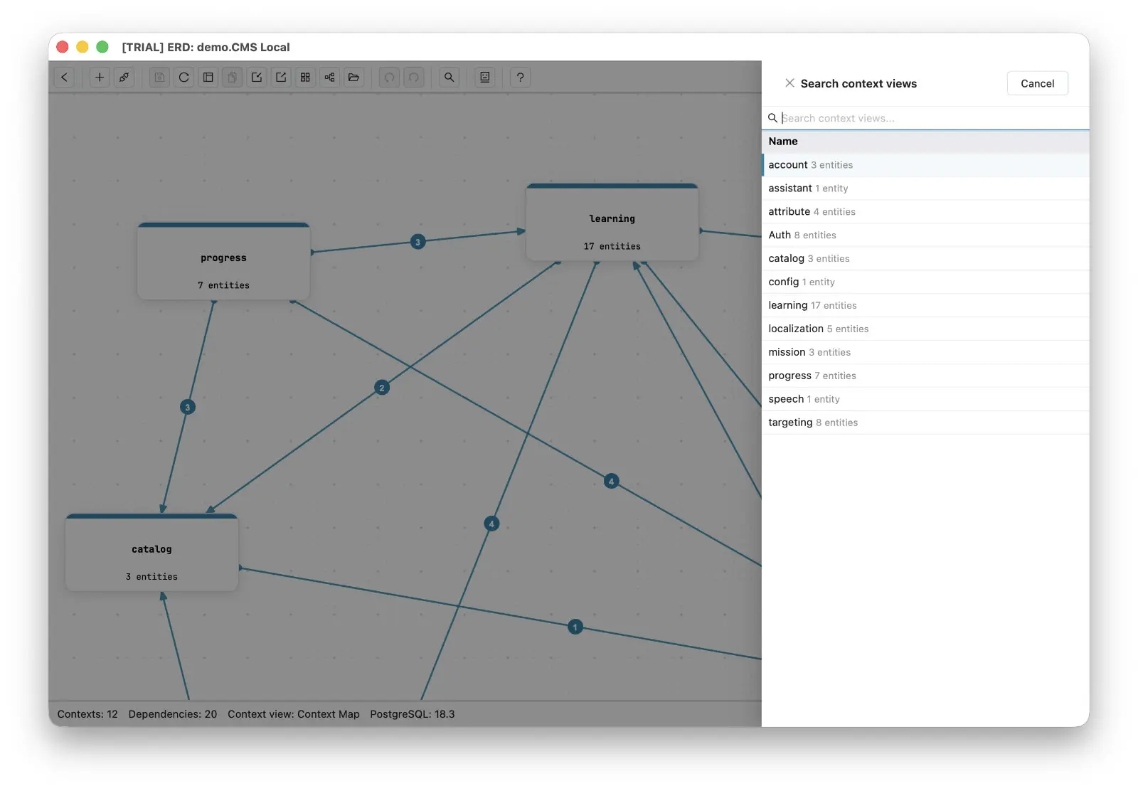 The context search panel open over the Context Map, listing each context with its entity count