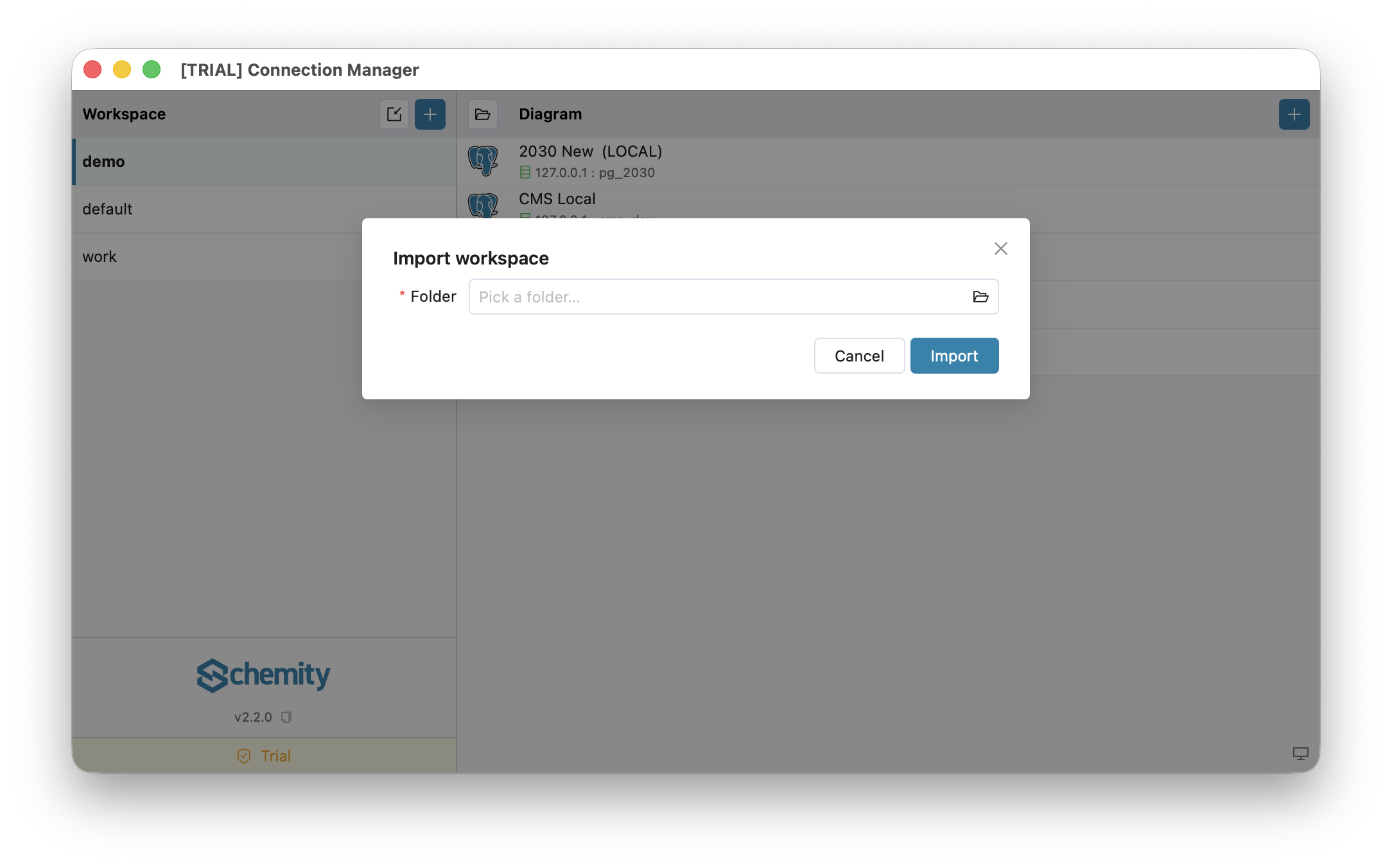 The Import workspace form, pointing at an existing folder such as docs/erd in a code repository