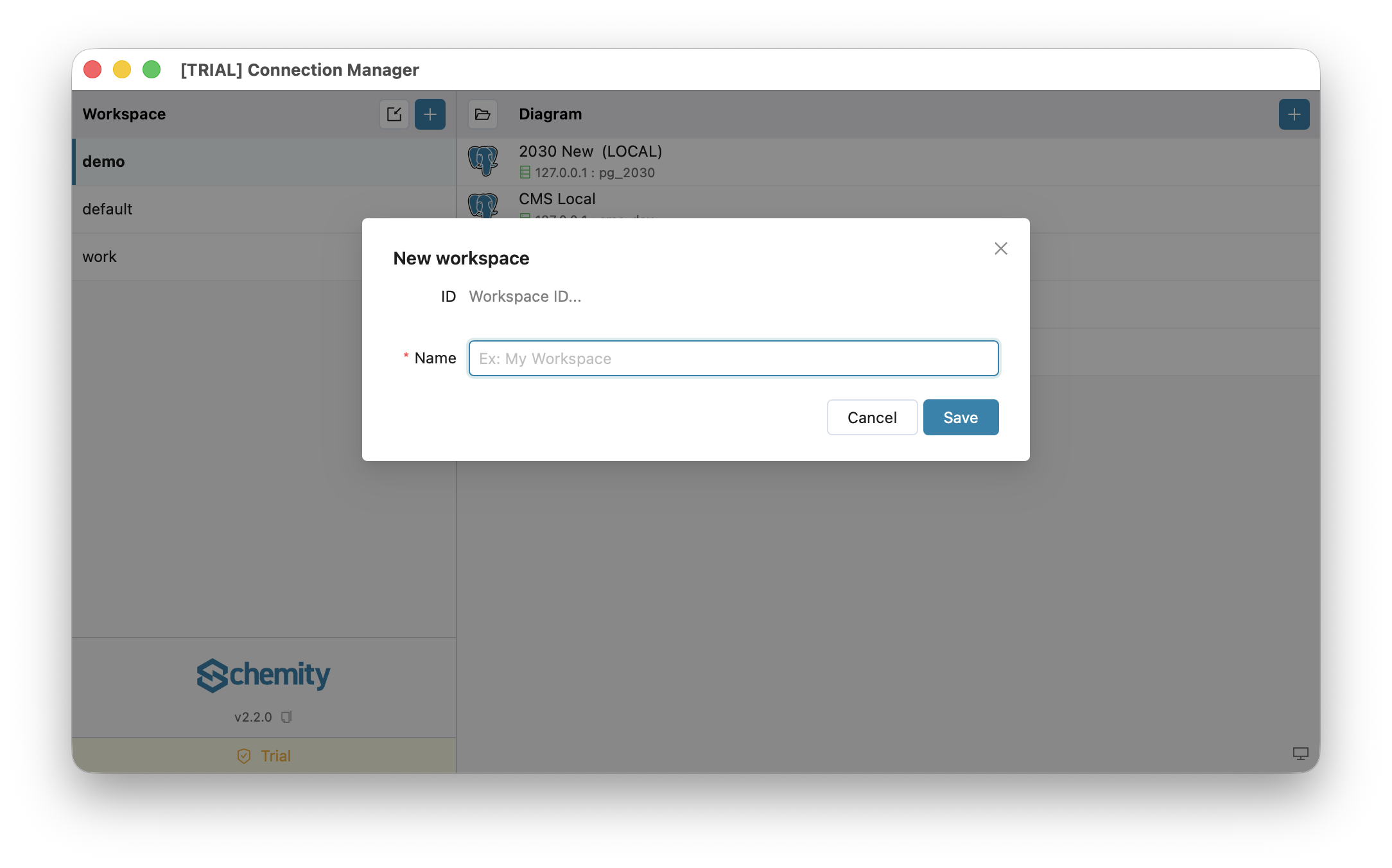 The New workspace form, with a read-only ID derived from the name and a single editable Name field