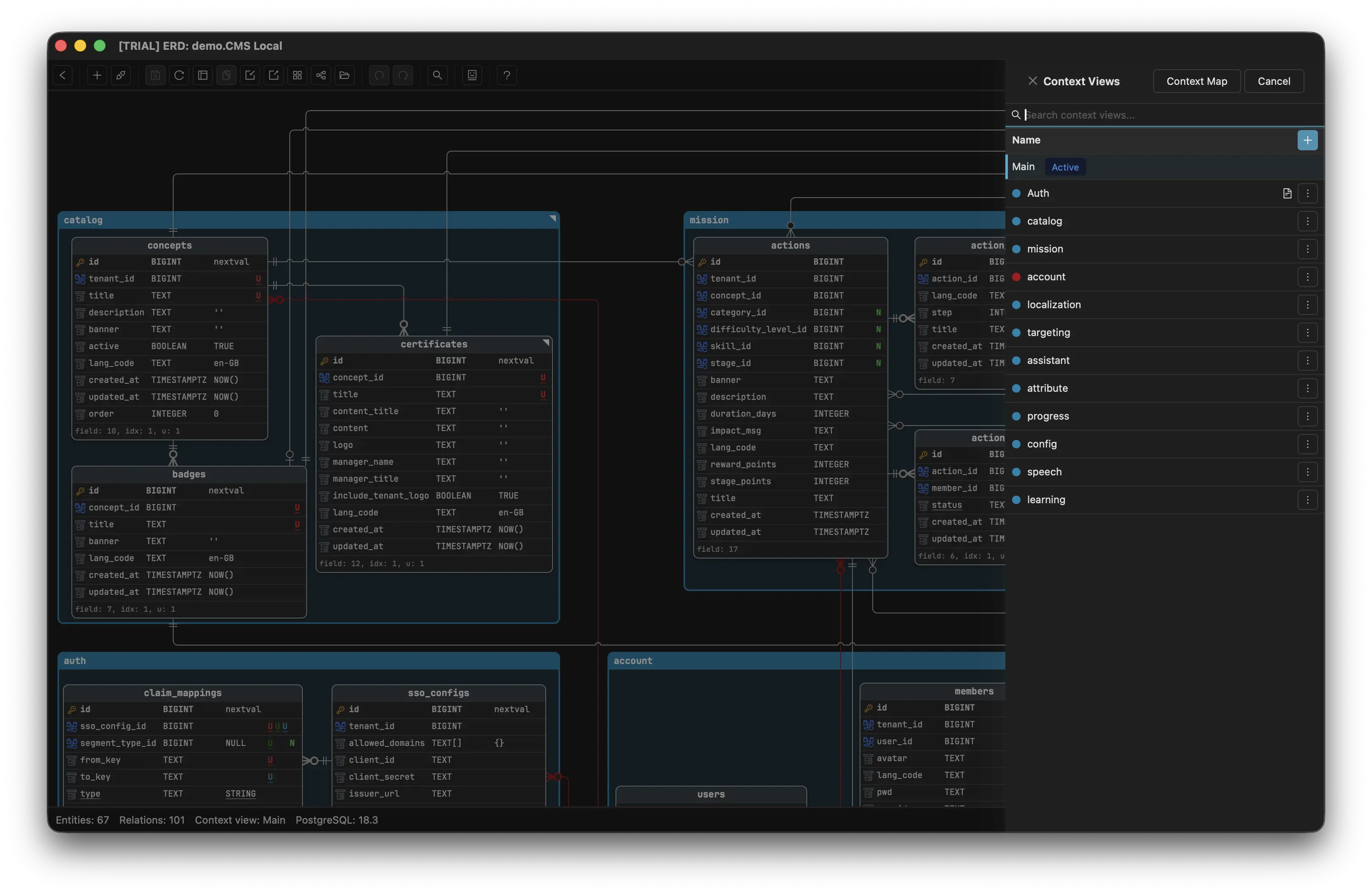 Schemity's Context Views panel over a 67-entity CMS diagram: Main marked Active, followed by twelve named views - Auth, catalog, mission, account, localization, targeting, assistant, attribute, progress, config, speech, learning - each with a coloured dot, and a status bar reading Entities: 67, Relations: 101